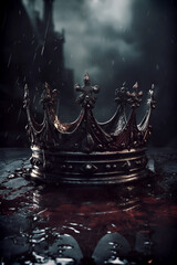 Fantasy medieval concept of a Royal crown and blood. Rise and fall of empires. Mythology and Historical death of a King or Queen. Other Symbolism: dark magic, banishment, archmage, siegecraft, destiny