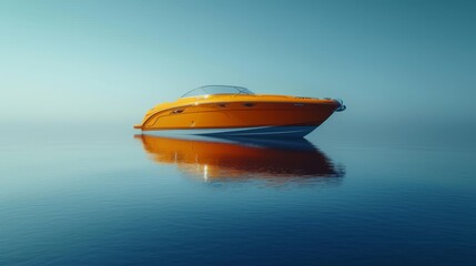   A yellow boat floats atop a vast blue water expanse, set against a backdrop of a clear blue sky - obrazy, fototapety, plakaty