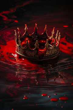 Fantasy medieval concept of a Royal crown and blood. Rise and fall of empires. Mythology and Historical death of a King or Queen. Other Symbolism: enchantment, heraldry, sovereign, alliance, joust