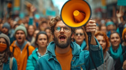  A man with a bullhorn addresses a crowd in blue jackets and orange sweaters - obrazy, fototapety, plakaty