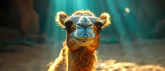  a camel that is looking at the camera with a bright light coming through it © Masum