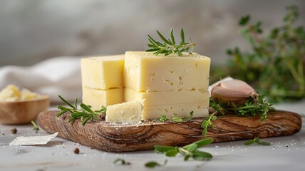 Fresh dairy products with herbs on a rustic wooden board for gourmet cuisine
