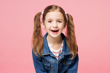 Little child cheerful fun cool smiling cute kid girl 7-8 years old wearing denim shirt look camera...