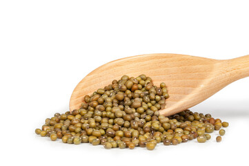 wooden spoon with mung beans isolated on white background close up