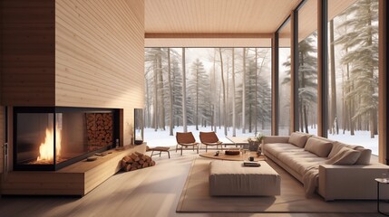Clean-lined modern cabin with tongue-and-groove wood walls minimalist fireplace and massive windows.