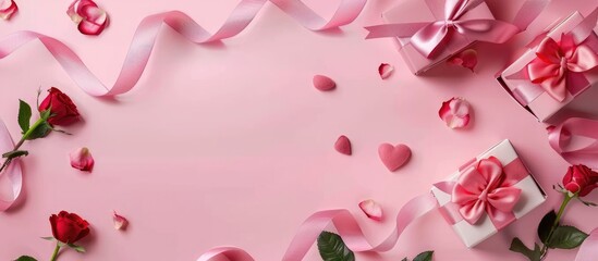 Heart-shaped ribbon with gift boxes and roses on a pink backdrop. A composition to encompass Valentine's Day, Mother's Day, and birthday celebrations, portraying a romantic theme.
