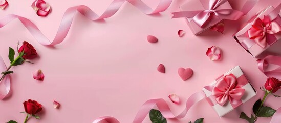 Obraz premium Heart-shaped ribbon with gift boxes and roses on a pink backdrop. A composition to encompass Valentine's Day, Mother's Day, and birthday celebrations, portraying a romantic theme.