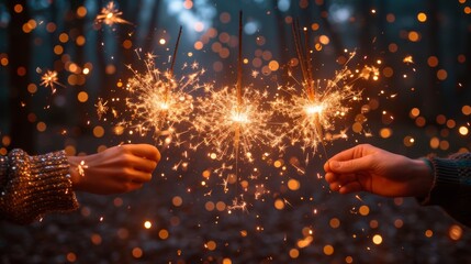   Two individuals brandish sparklers in their grips amidst a hazy backdrop of glittering lights and aerial sparks - obrazy, fototapety, plakaty