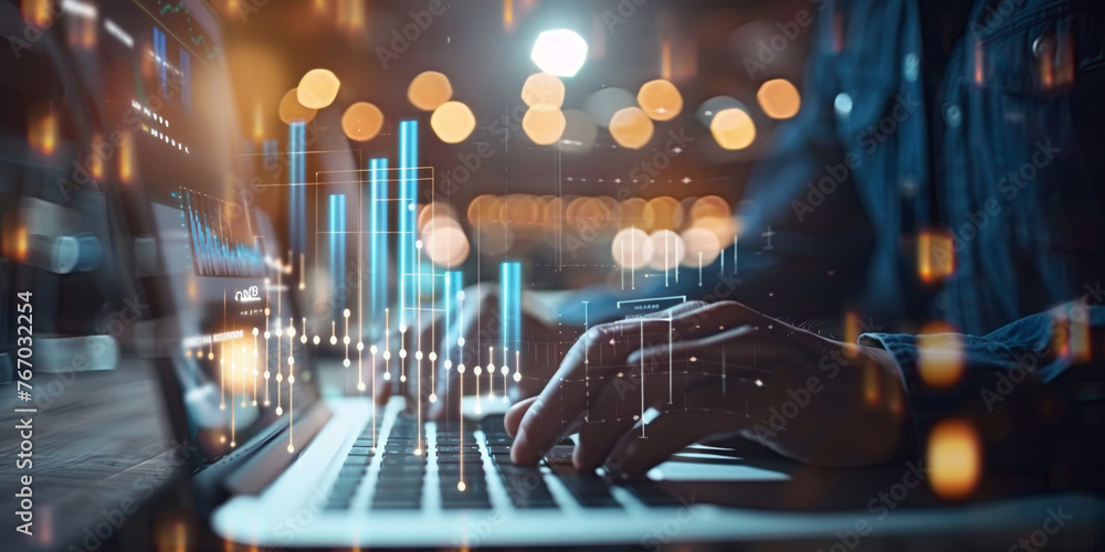 Poster a focused businessman studying a dynamic crm data graph, extracting valuable insights to optimize gr