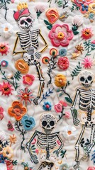embroidered fabric with skeletons and flowers in pastel colors in style. Embroidered background and embroidered wallpaper