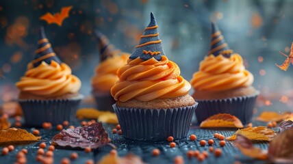 Halloween delight with witch hat topped chocolate cupcakes and spooky table setting - obrazy, fototapety, plakaty