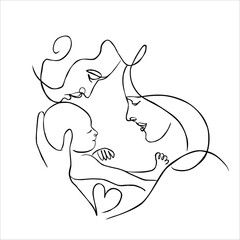 Vector cute illustration of mother, father and baby. Black and white linear art, drawing on a white background.