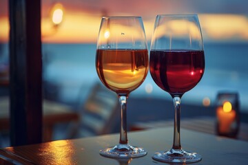 Two glasses of wine on a table in a cafe; seaside; summer evening; romance; minimalism; love concept 