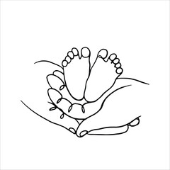 Cute vector illustration depicting hands holding baby's feet. Black and white line graphics, drawing on a white background.