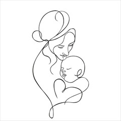 Vector cute illustration of mother and baby. Black and white linear art, drawing on a white background. Mother's day. Mom and newborn.