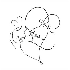 Vector cute illustration of mother and baby. Black and white linear art, drawing on a white background. Mother's day. Mom and newborn.