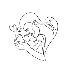 Vector cute illustration of father and baby. Black and white linear art, drawing on a white background.	
