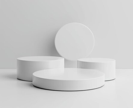 white podiums, vector illustration, white background, minimalism, 3D render, three different sizes of circles,  all made in a matte plastic material