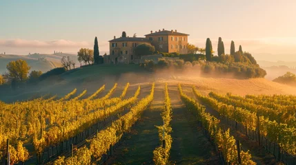 Foto op Plexiglas old farmhouse on top of a hill in Italy, vineyards surround the house on the hill, early morning fog hangs over the vineyards © Denis