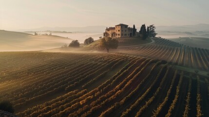 old farmhouse on top of a hill in Italy, vineyards surround the house on the hill, early morning...