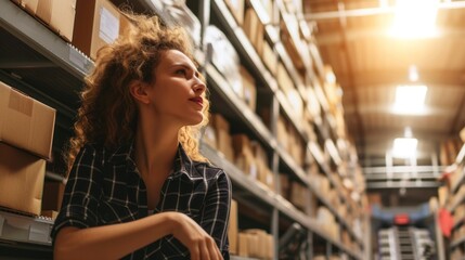 A woman in a warehouse is looking up at shelves filled with parcels, focusing on organizing inventory - obrazy, fototapety, plakaty