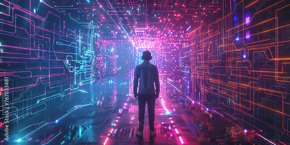 Poster a futuristic graphic illustrating a businessman utilizing artificial intelligence to analyze crm dat