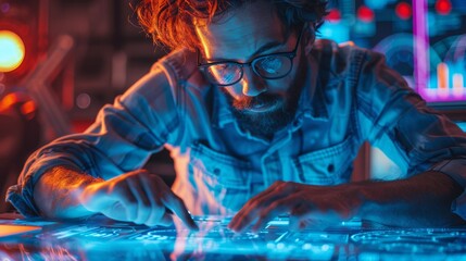 Focused graphic designer working on a futuristic digital tablet in a neon-lit workspace