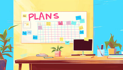 Cheerful Home Office with Colorful Planning Calendar and Plants