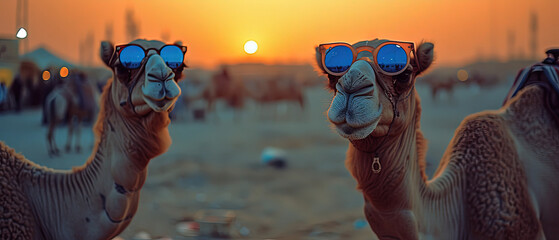 a two camels with sunglasses on their heads at sunset