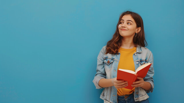 An imaginative Latino teenage girl is holding a red book and looking up on a plain blue background with copy-space for text.