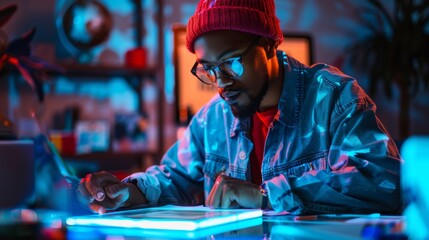 Focused graphic designer working intensely in a colorful, moody studio setting