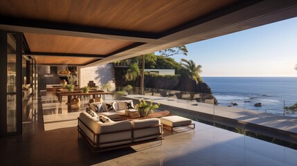 Fototapeta premium Cliff-hugging oceanfront villa with floor-to-ceiling glass walls and seamless indoor/outdoor living areas.