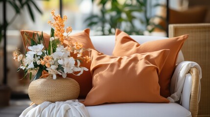 Fototapeta na wymiar A couch with a vase of flowers and orange pillows