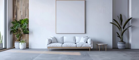 A bold visual feature in a minimalist room is a big blank white painting hanging on the wall.