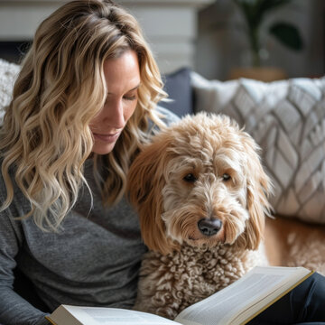 woman with his Golden Labradoodle dog reading at home 