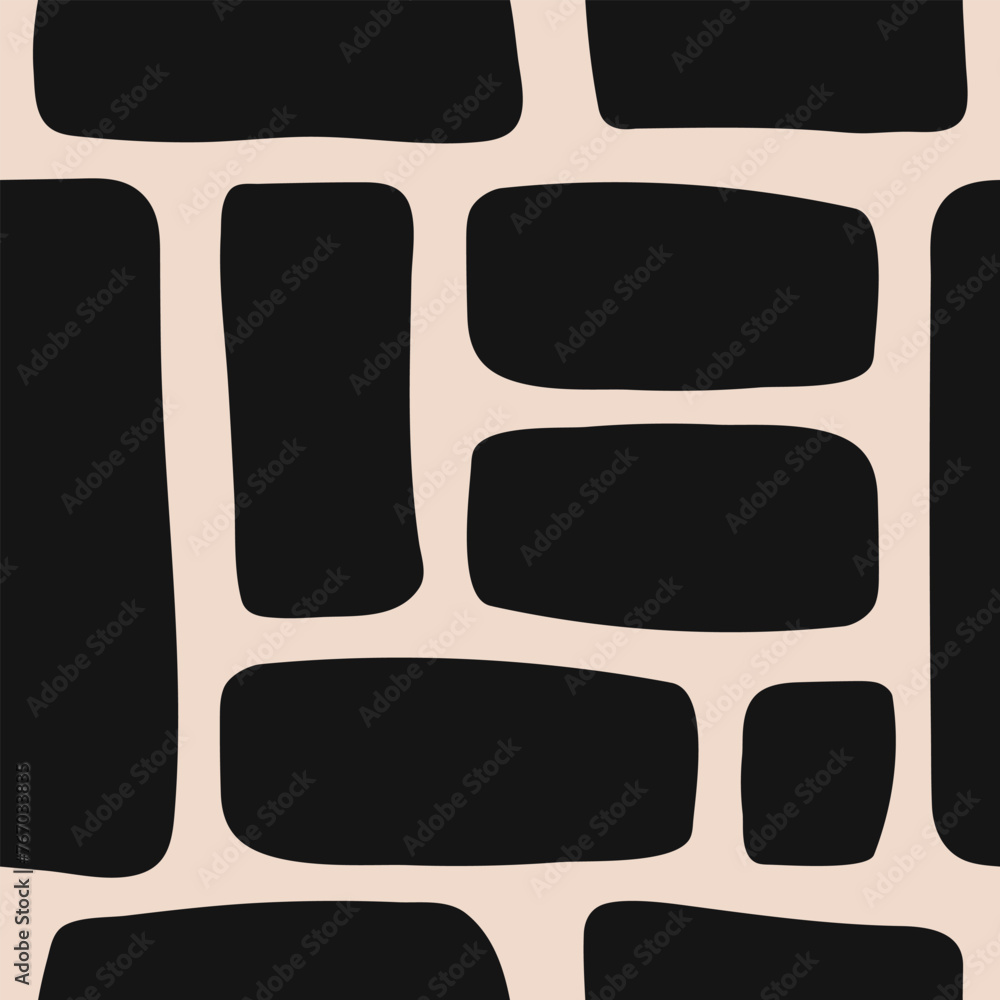 Poster Abstract organic seamless pattern with different  black shapes rectangles on a beige background.. Vector geometric texture.