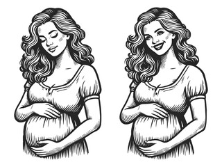 Serene happy pregnant woman cradling her belly, with hair flowing in the wind sketch engraving generative ai fictional character raster illustration. Scratch board imitation. Black and white image.