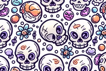 a pattern of skulls and flowers - obrazy, fototapety, plakaty