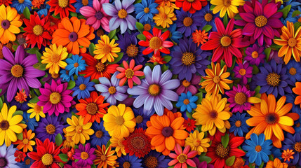 A cluster of vibrant and varied flowers adorning a wall, creating a burst of color in the surroundings