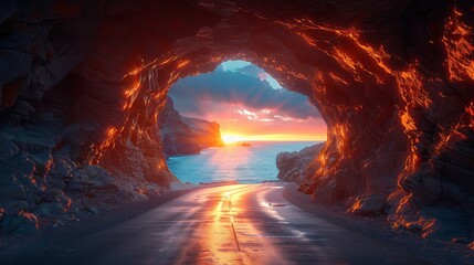 A stunning sunset adorns a picturesque street within a rocky tunnel.