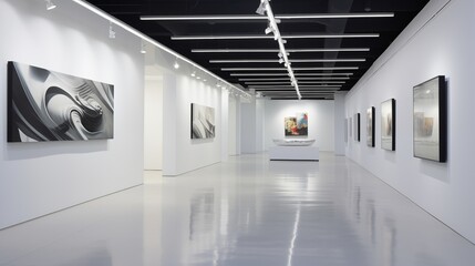 Contemporary art gallery with stark white walls and dramatic track lighting.