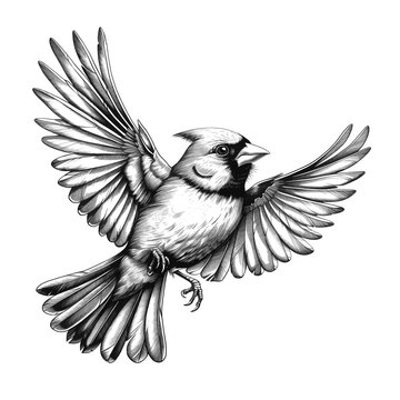 Northern Cardinal in mid-flight bird, magnificent wings and distinct crest sketch engraving generative ai fictional character raster illustration. Scratch board imitation. Black and white image.