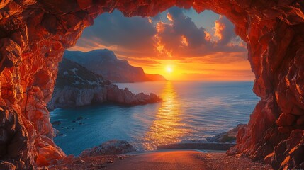 A stunning sunset adorns a picturesque street within a rocky tunnel.