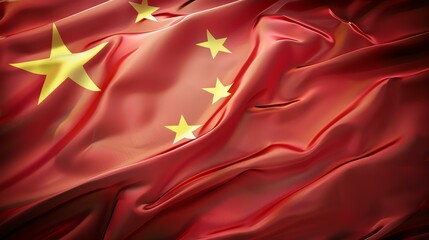 A beautiful flag of China with a red background and five gold stars. The flag is waving in the wind and has a detailed, realistic texture.