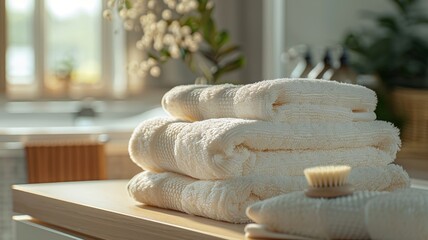 Soft neatly folded towels on wooden shelf in tranquil bathroom decor