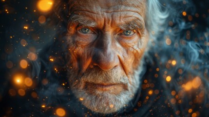   An elderly man with snowy locks and azure eyes stares into the lens against a hazy background of warm-toned illumination