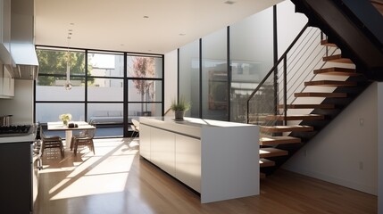 Contemporary chic city townhouse with floating steel and wood staircase sleek minimalist interiors and rooftop deck.