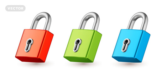 Vector set of illustration of different color closed lock on white background. 3d style design of metallic shine padlock