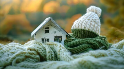 Cozy tiny house wrapped in a green scarf under a knit beanie against autumn backdrop
