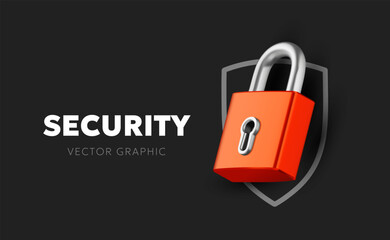 Vector illustration of red color padlock and security shield with word security on black background. 3d style template design of metallic shine padlock and line shield